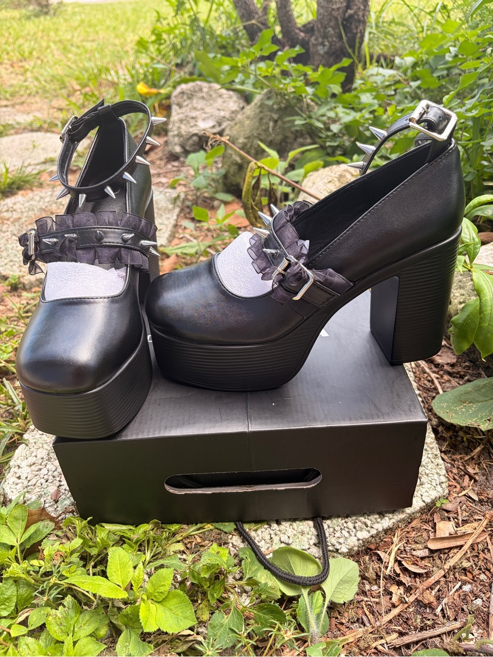 Black Platform Mary Jane Heels with Spike Ankle Strap